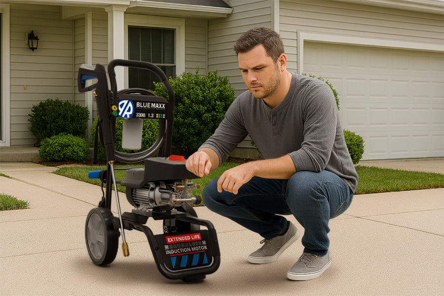 BM3300, Man Kneeling near Machine